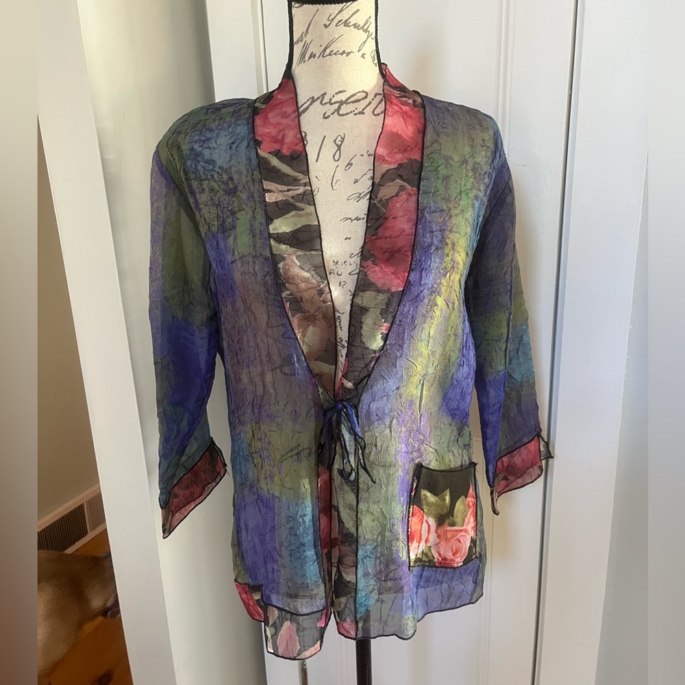 Vintage Dinah Lee Colorful Sheer Kimono Tie Jacket. Size: Small.